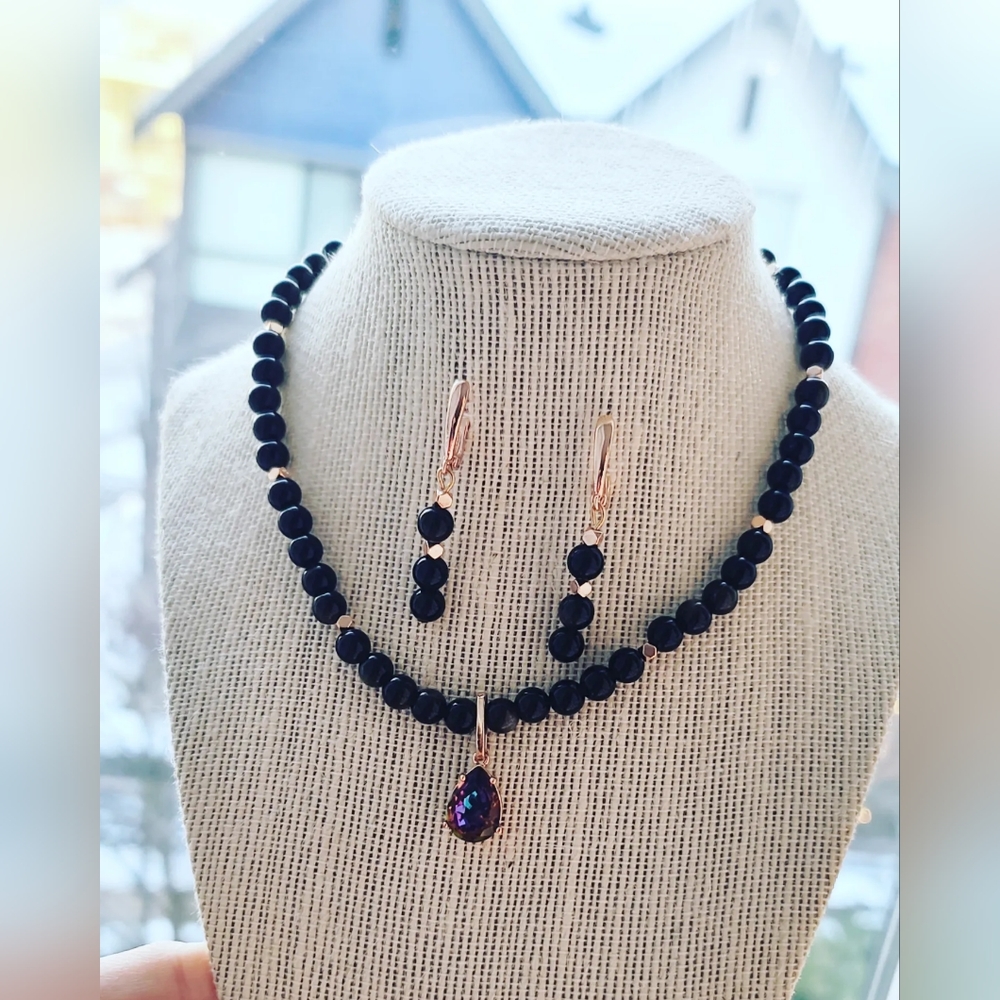 Black Obsidian Zirconia charm necklace and earrings set